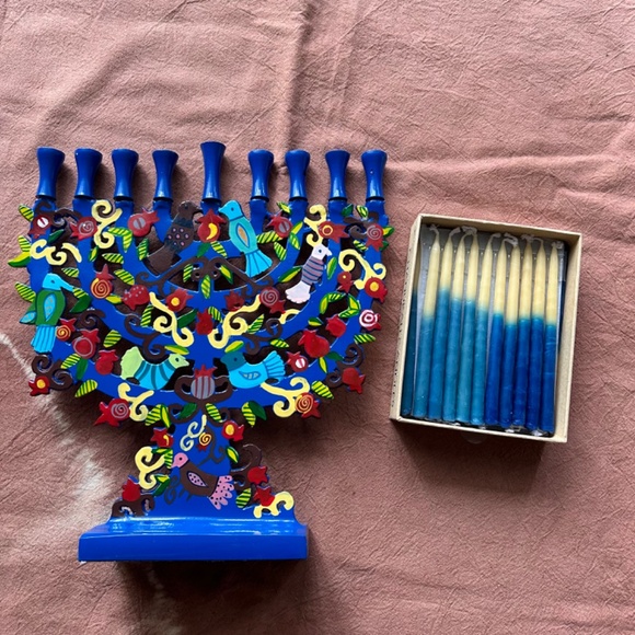 Laser Cut Hanukkah Menorah - Pomegranates + Birds, Cobalt Blue - Picture 2 of 10
